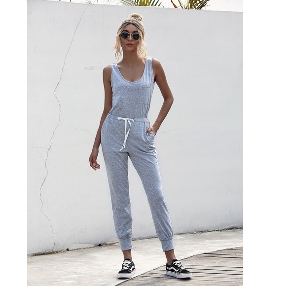 Casual Grey Jumpsuit Drawstring Waist - Picture 6 of 10